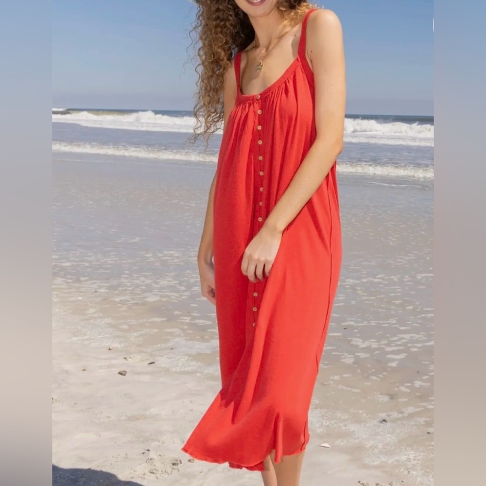 Natural Life Relaxed Button Down Midi Dress - red